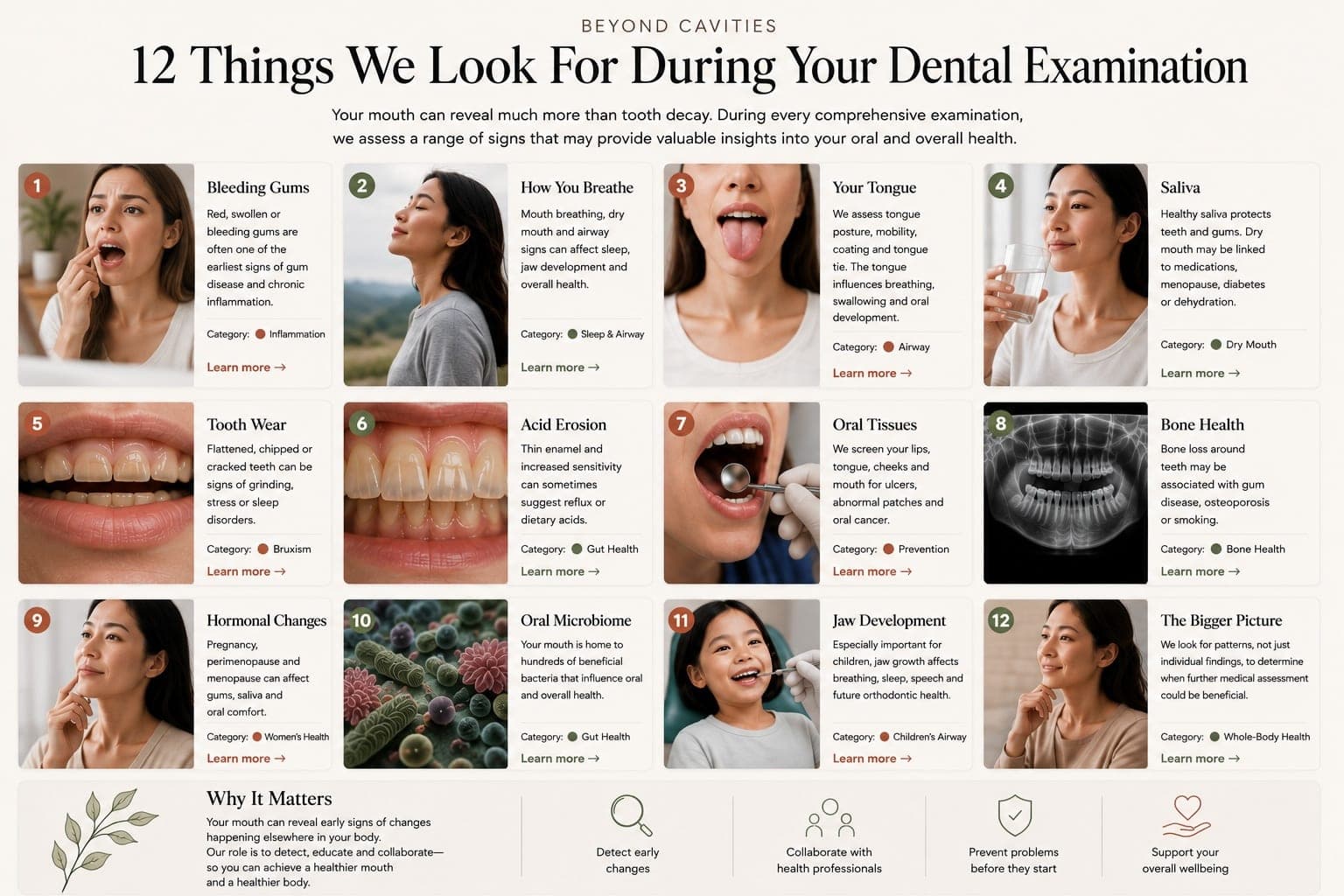12 things we look for during your dental examination: bleeding gums, how you breathe, your tongue, saliva, tooth wear, acid erosion, oral tissues, bone health, hormonal changes, the oral microbiome, jaw development, and the bigger picture