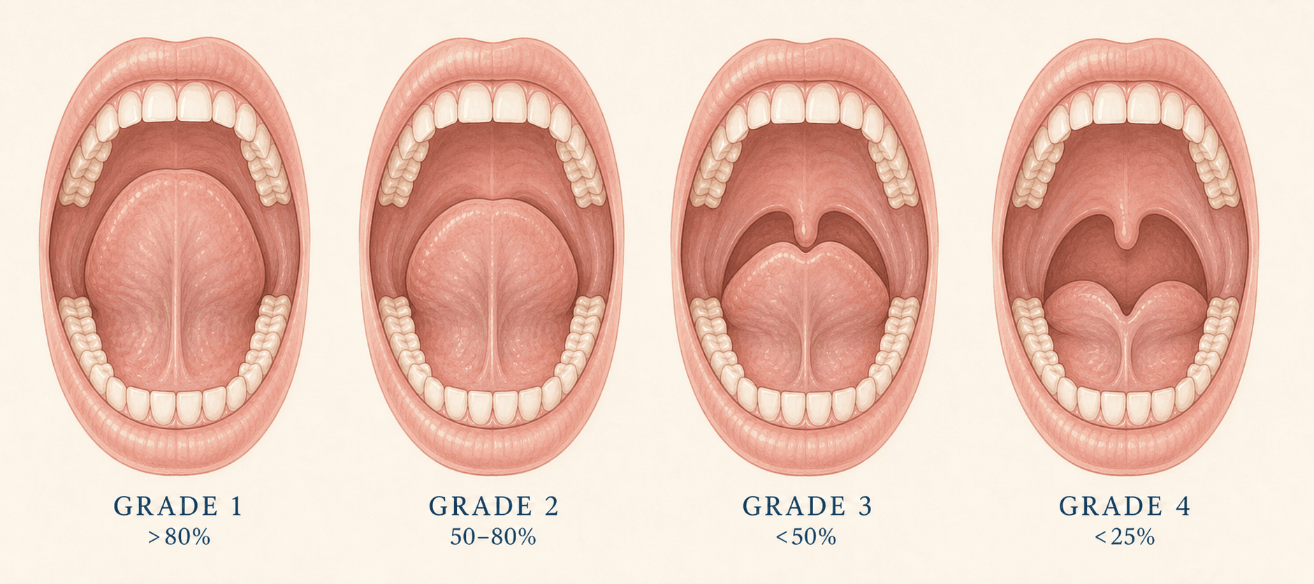 Tongue mobility grading illustration showing Grade 1 to Grade 4 by how far the tongue can lift, used to assess tongue-tie (ankyloglossia)