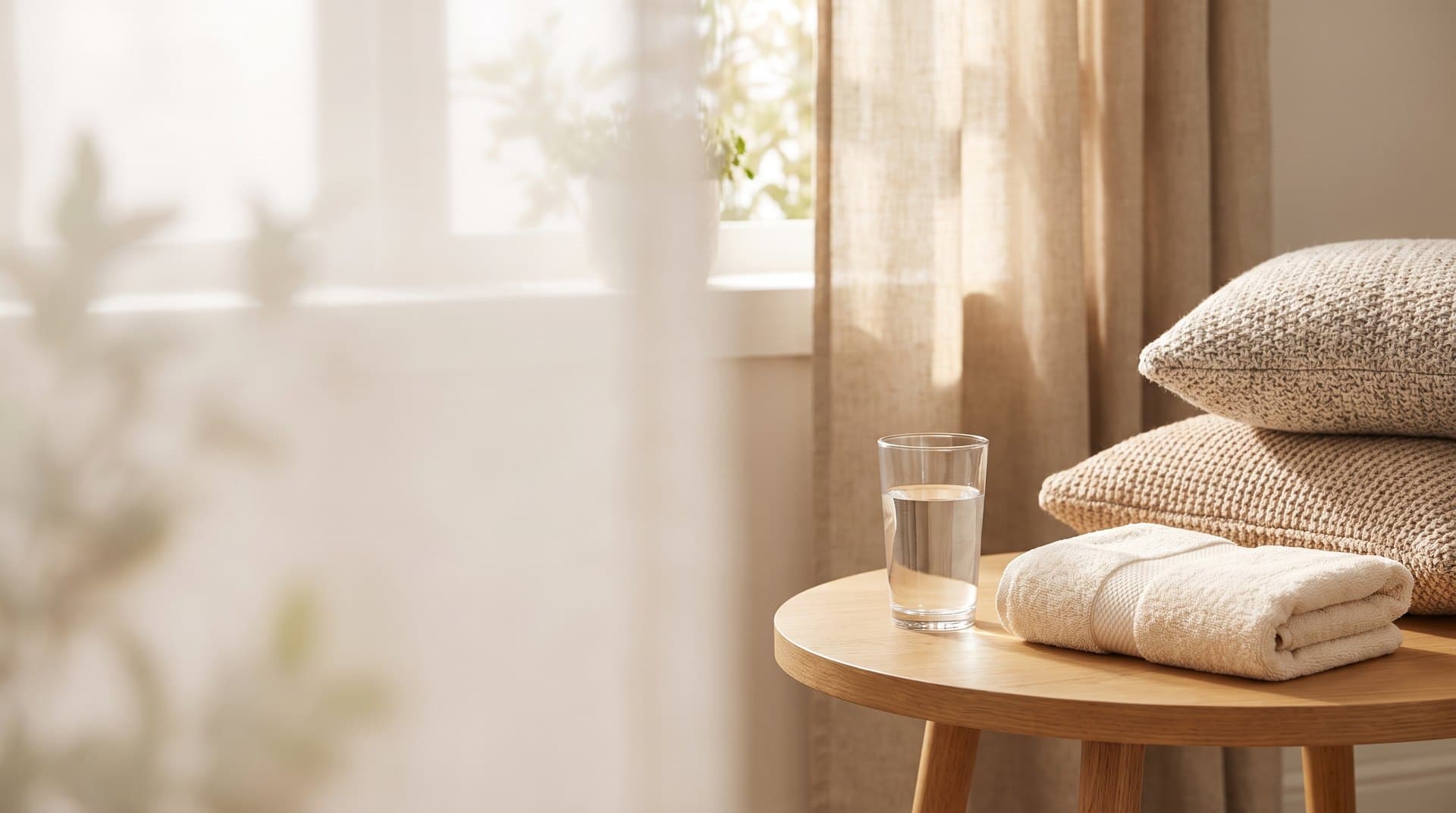 A calm, cosy home corner with a glass of water and a soft folded towel, for the Align Dental Surgery aftercare hub.