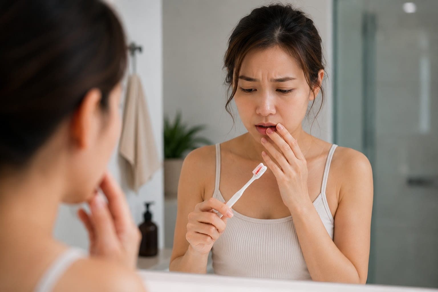 A woman pausing while brushing her teeth after noticing her gums bleeding, an early sign of gum inflammation