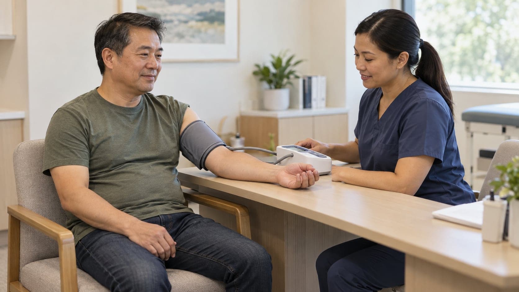 A clinician checking a patient's blood pressure as part of a wider health assessment