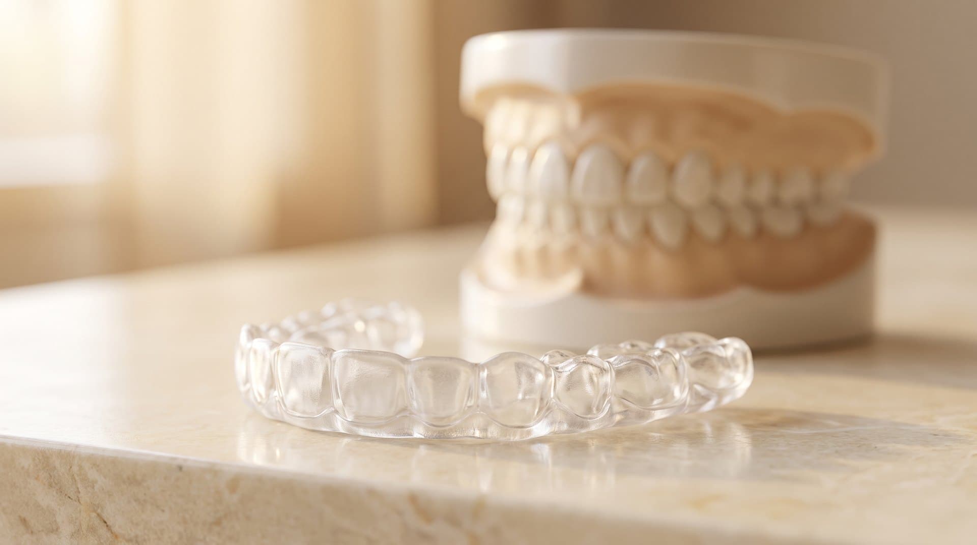 A clear dental night guard resting beside a model of the teeth, used to protect against night-time grinding