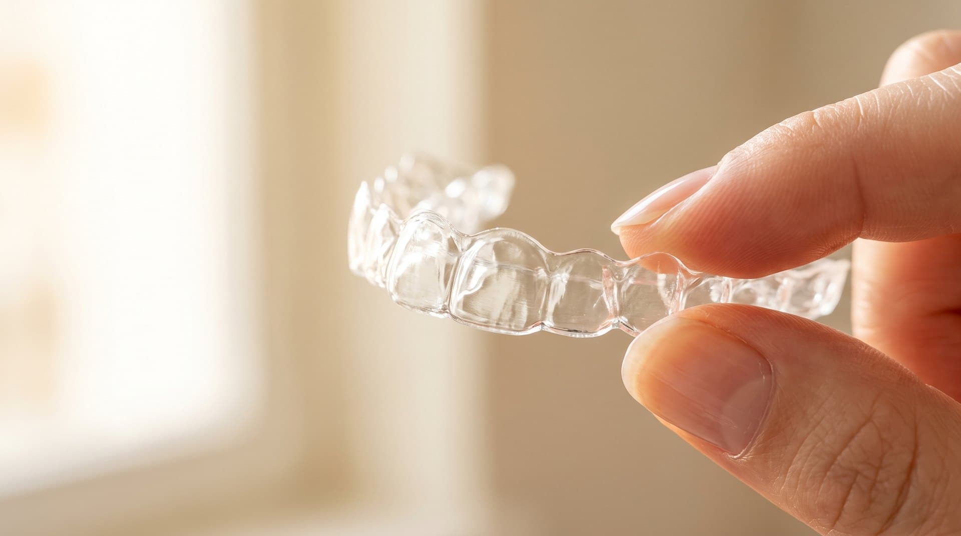 A clear, transparent orthodontic aligner tray held up to the light between two fingertips