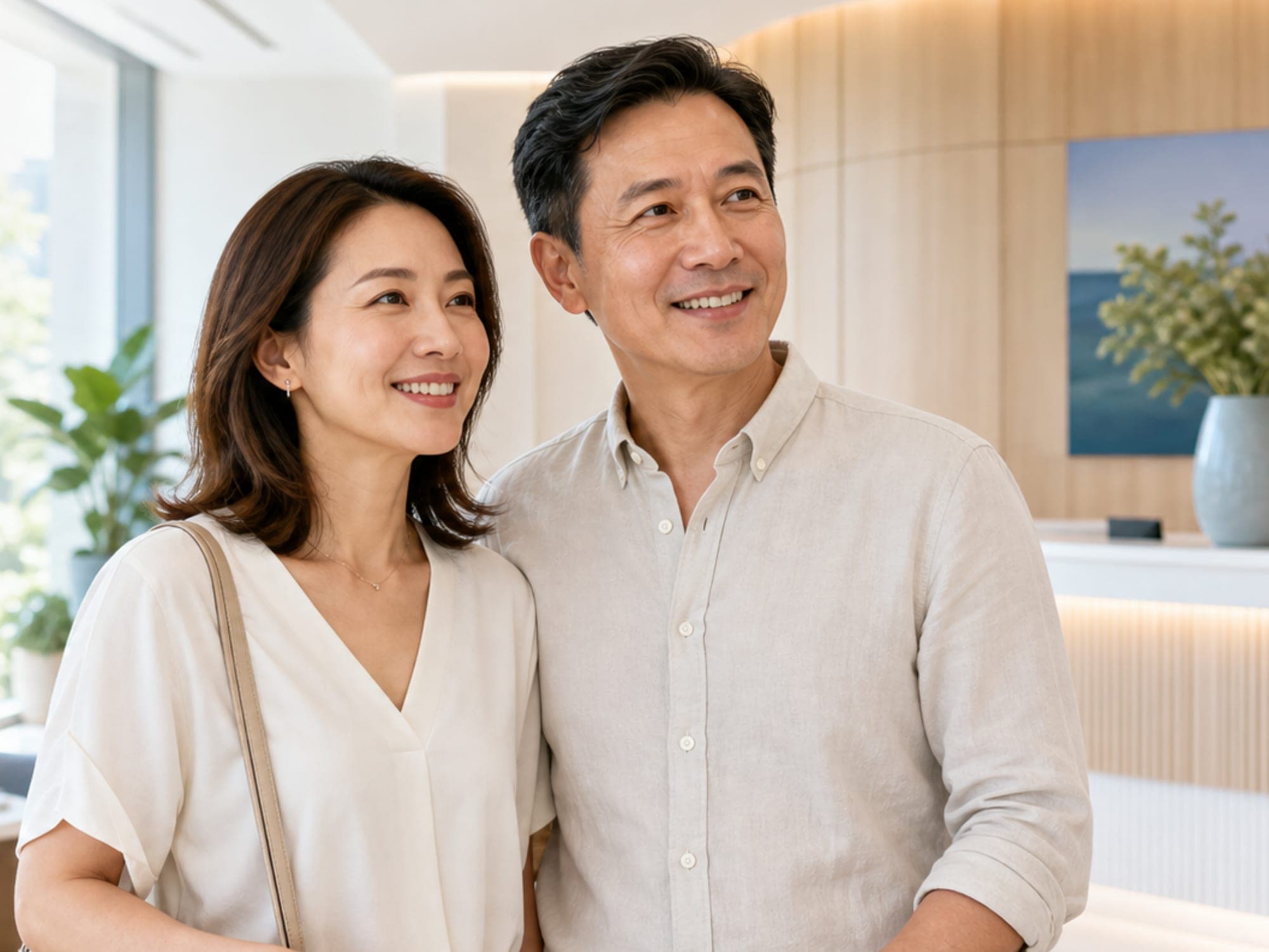 A couple standing together in a bright clinic reception, ready to ask about acid reflux and tooth wear