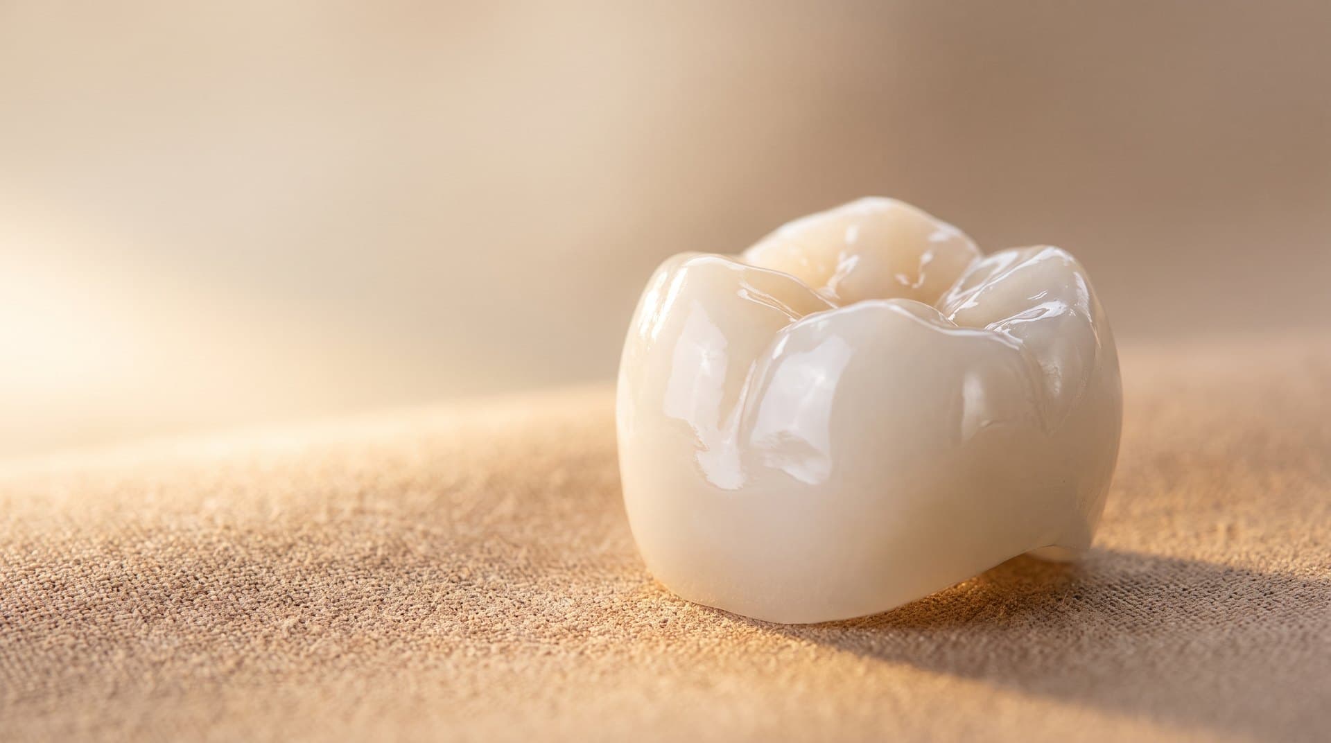 A glossy white ceramic dental crown, a tooth-shaped cap, photographed in warm light