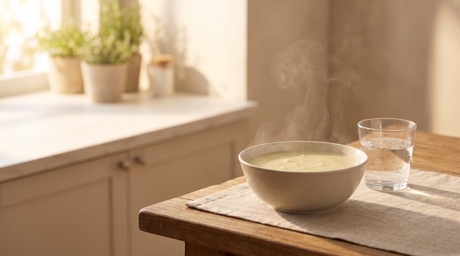 A comforting bowl of soft soup and a glass of water on a warm table, for deep dental filling aftercare at Align Dental Surgery.