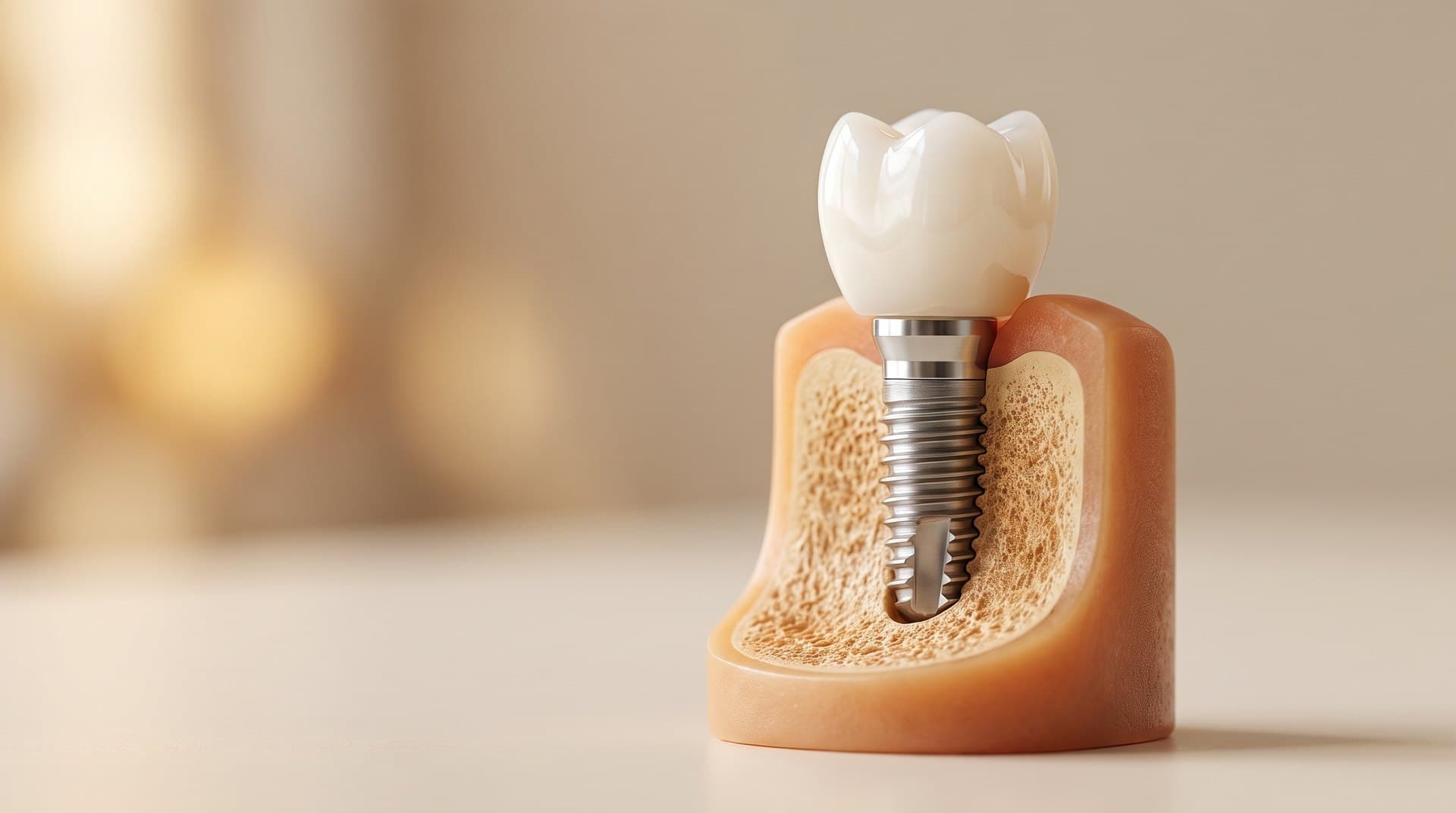 A dental model cutaway showing a titanium implant in the jawbone supporting a white crown