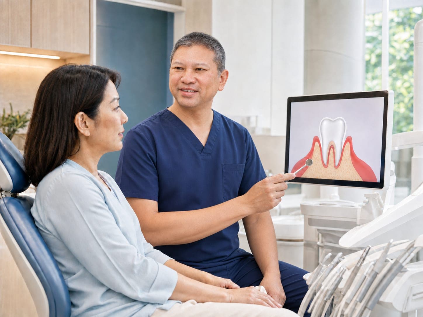 A dentist showing a patient a diagram of a tooth and gums on a tablet while discussing gum health and diabetes