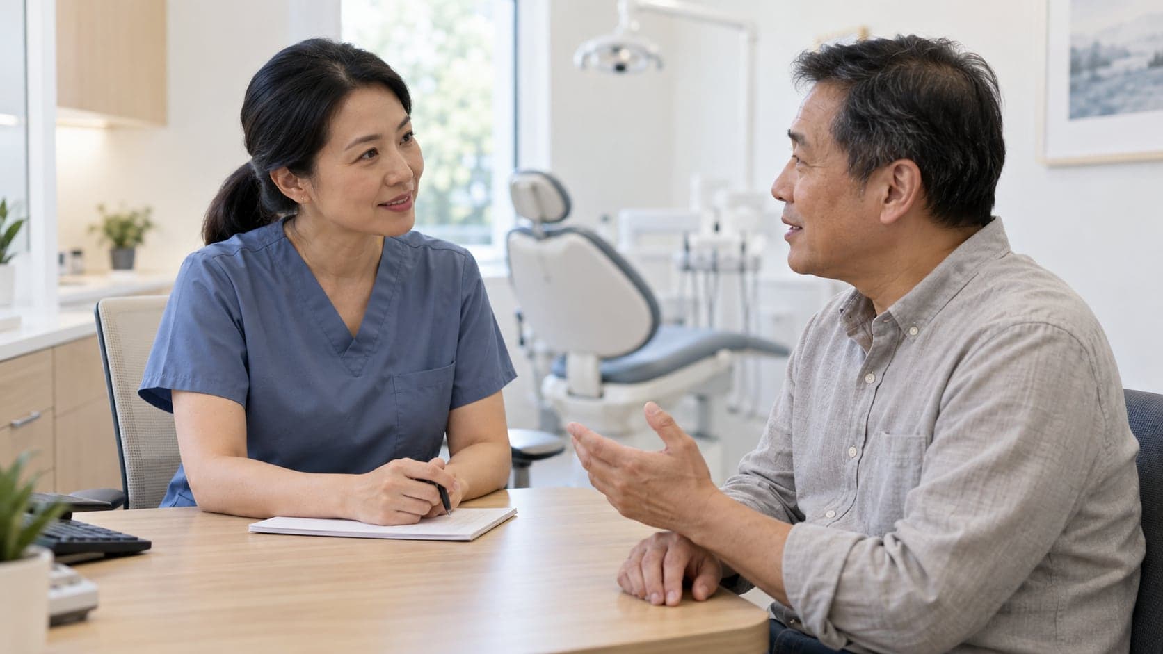 A dentist listening to a patient describe his sleep concerns during a consultation