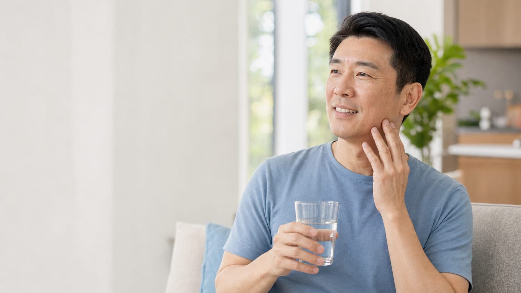 A man at home holding a glass of water and touching his cheek, illustrating the link between diabetes and gum health