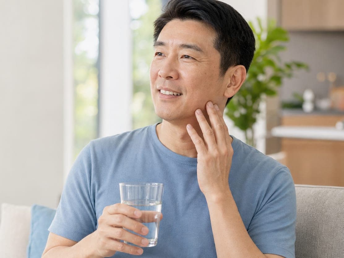 A man at home holding a glass of water and touching his cheek, illustrating the link between diabetes and gum health