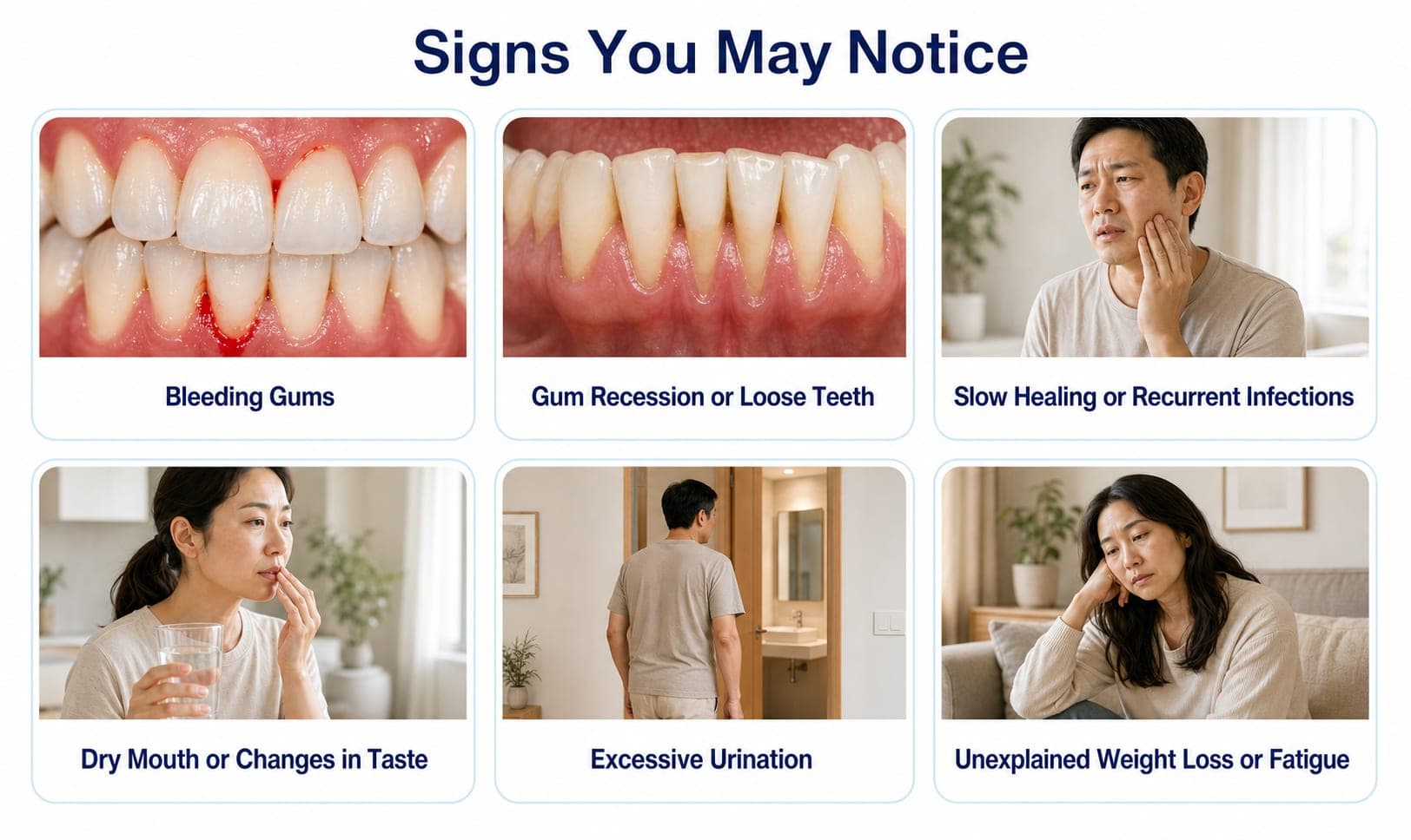 Signs you may notice: six photo cards showing bleeding gums, gum recession or loose teeth, slow healing or recurrent infections, dry mouth or changes in taste, excessive urination, and unexplained weight loss or fatigue