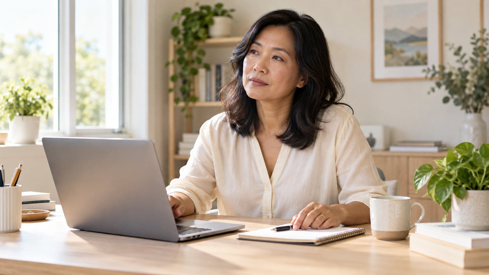 A woman at her desk with a notebook beside her laptop, pausing to think