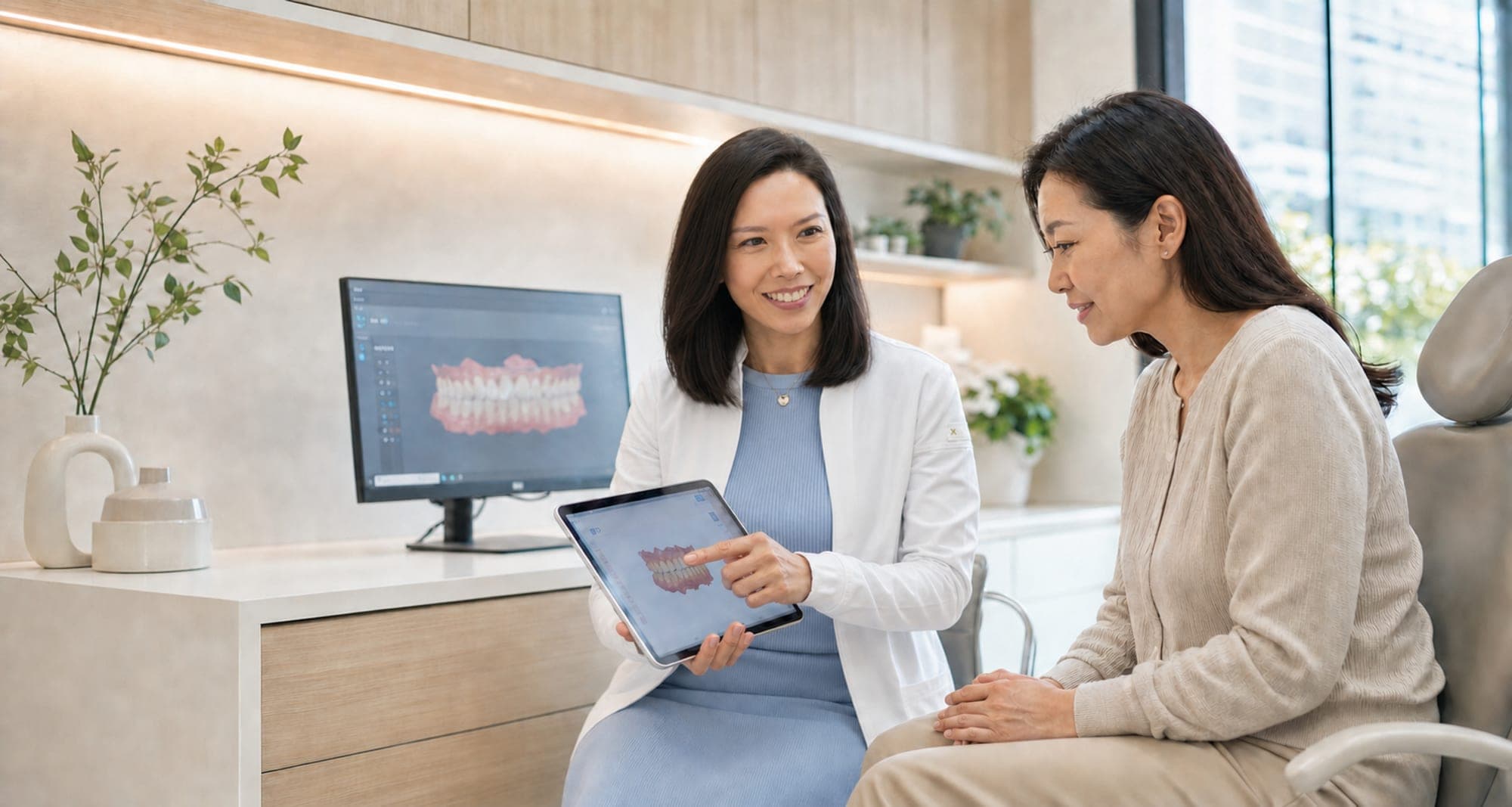 A dentist talking a patient through findings on a tablet during a consultation