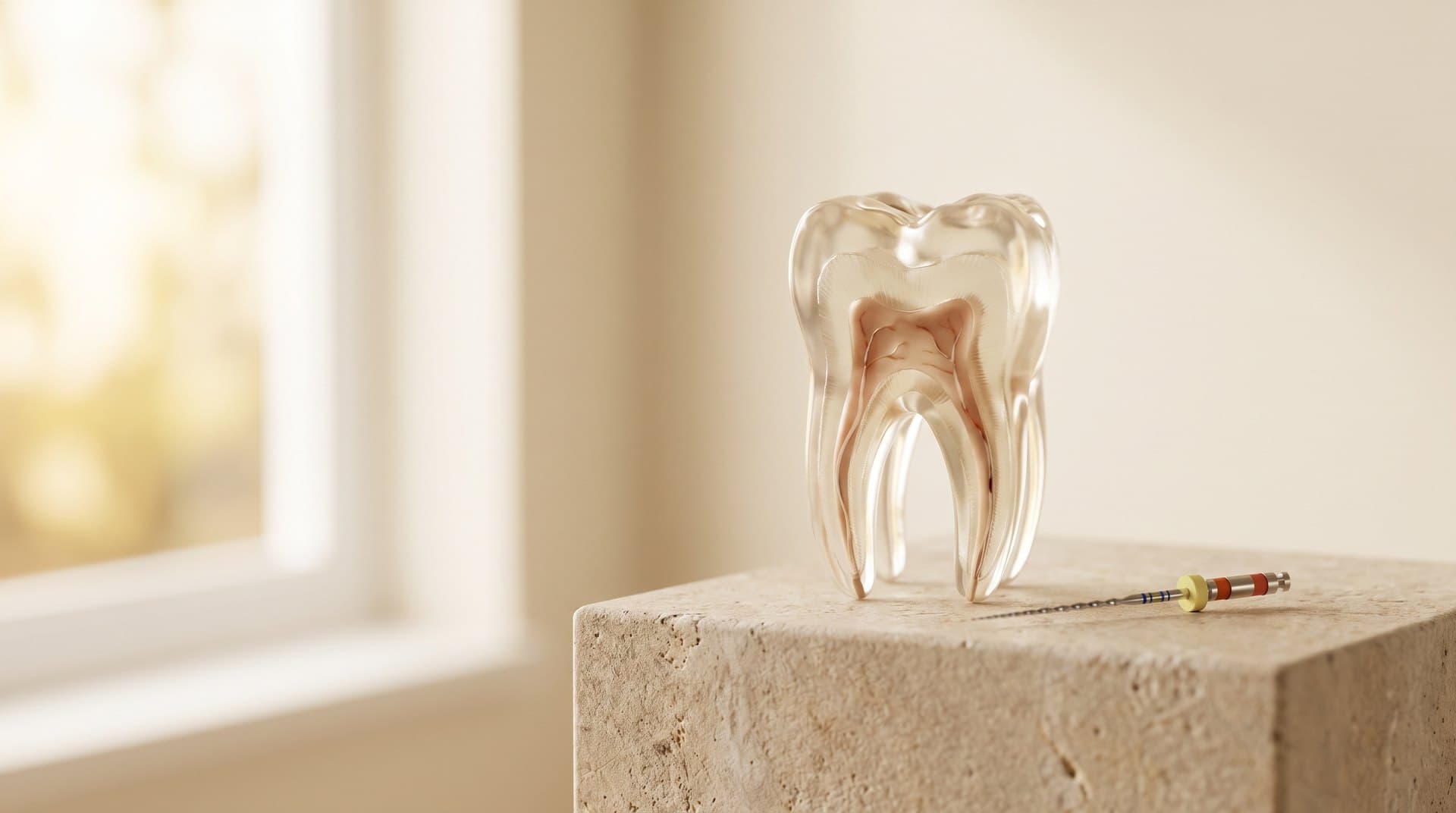 A cross-section dental model of a tooth showing the inner root canals, beside a root canal file