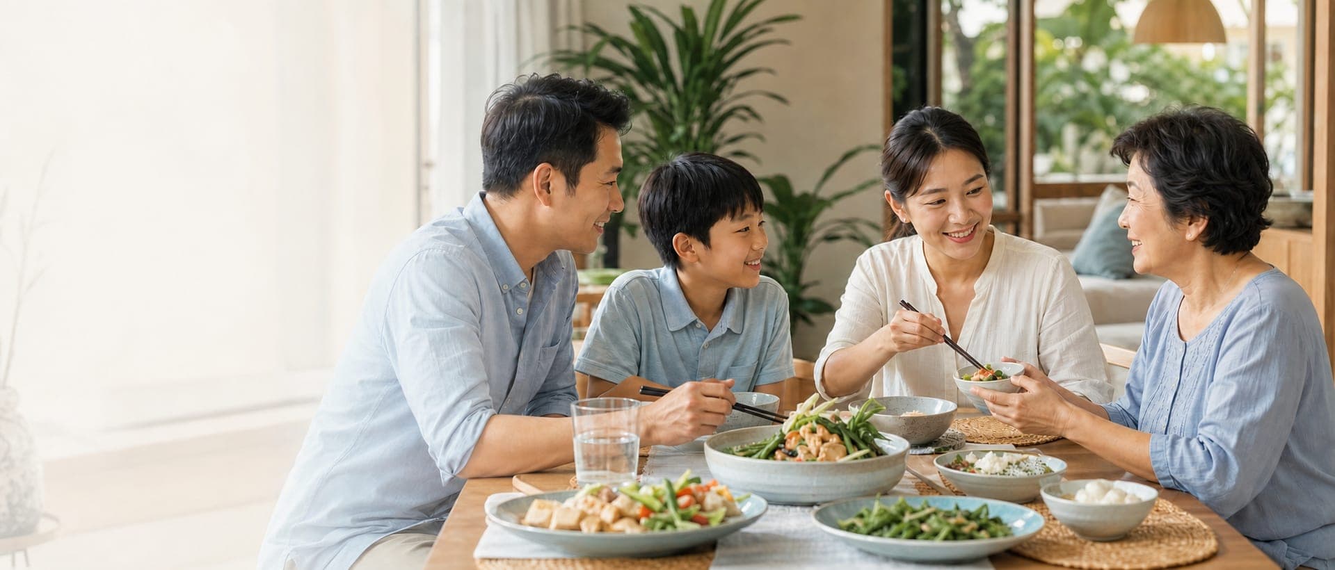 A three-generation family sharing a relaxed meal together at home