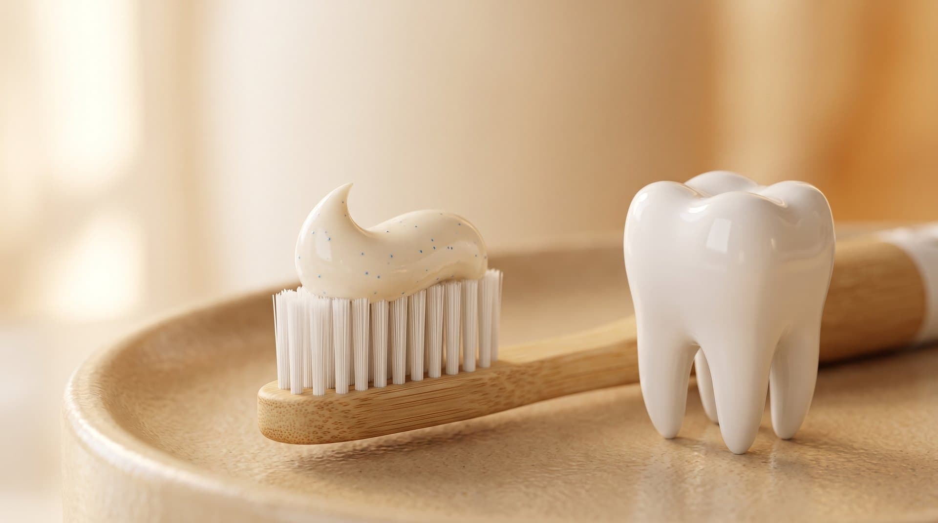 A swirl of toothpaste on a toothbrush beside a single tooth, suggesting fluoride enamel protection
