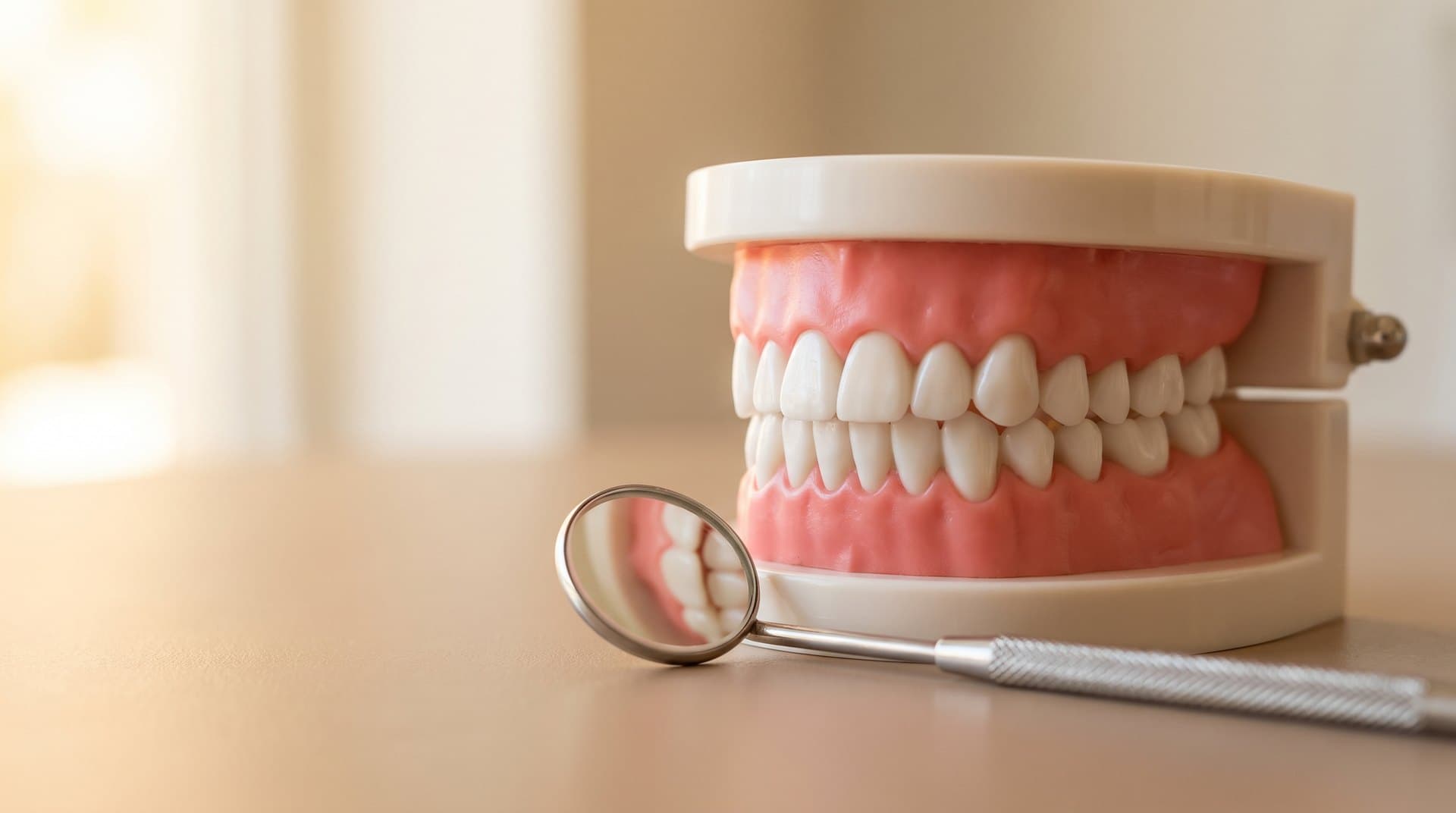 A dental model showing the gum line where pink gums meet the teeth, with a dental mirror