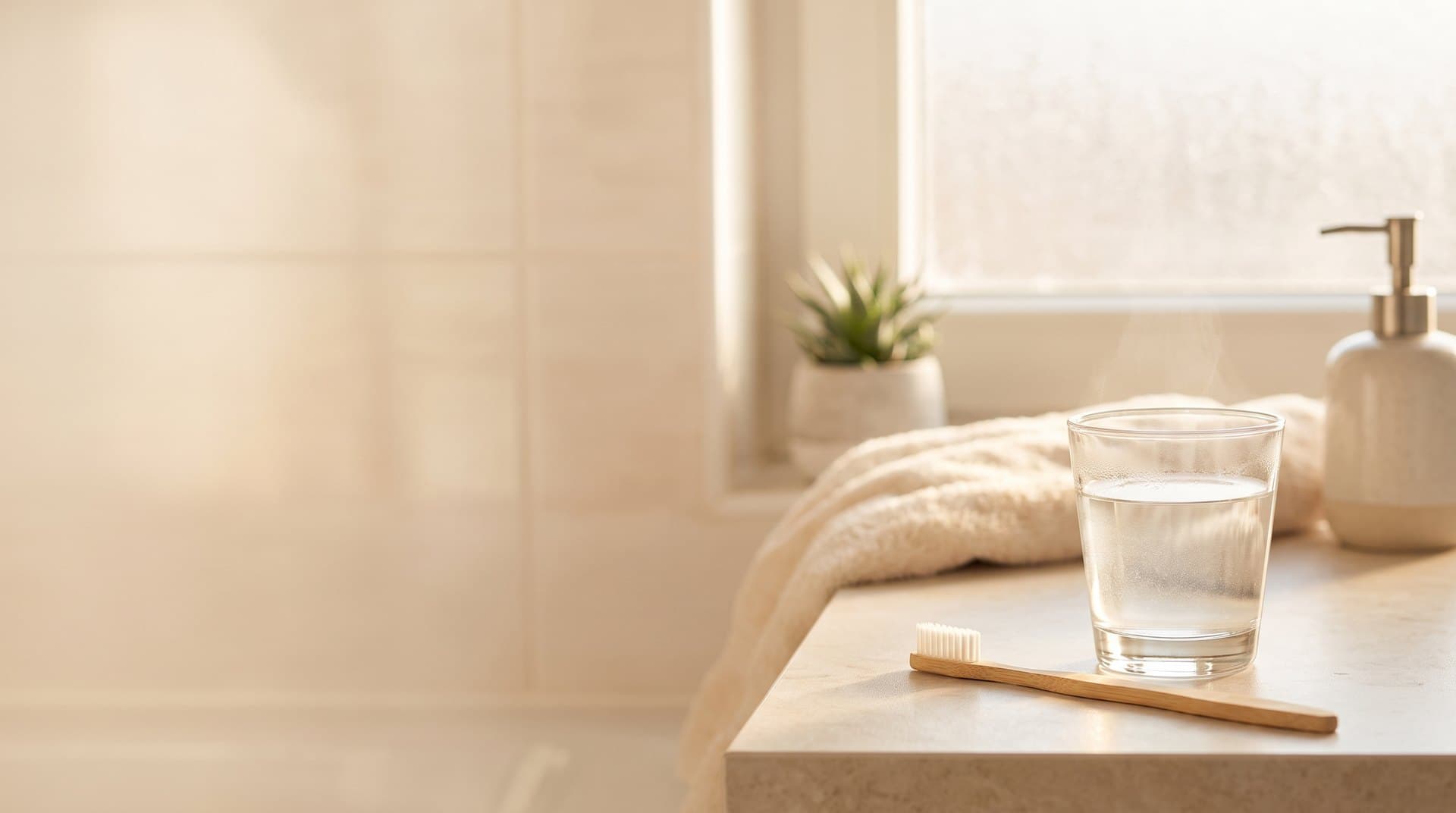 A glass of warm salt water and a soft toothbrush on a clean bathroom counter, for gum treatment aftercare at Align Dental Surgery.