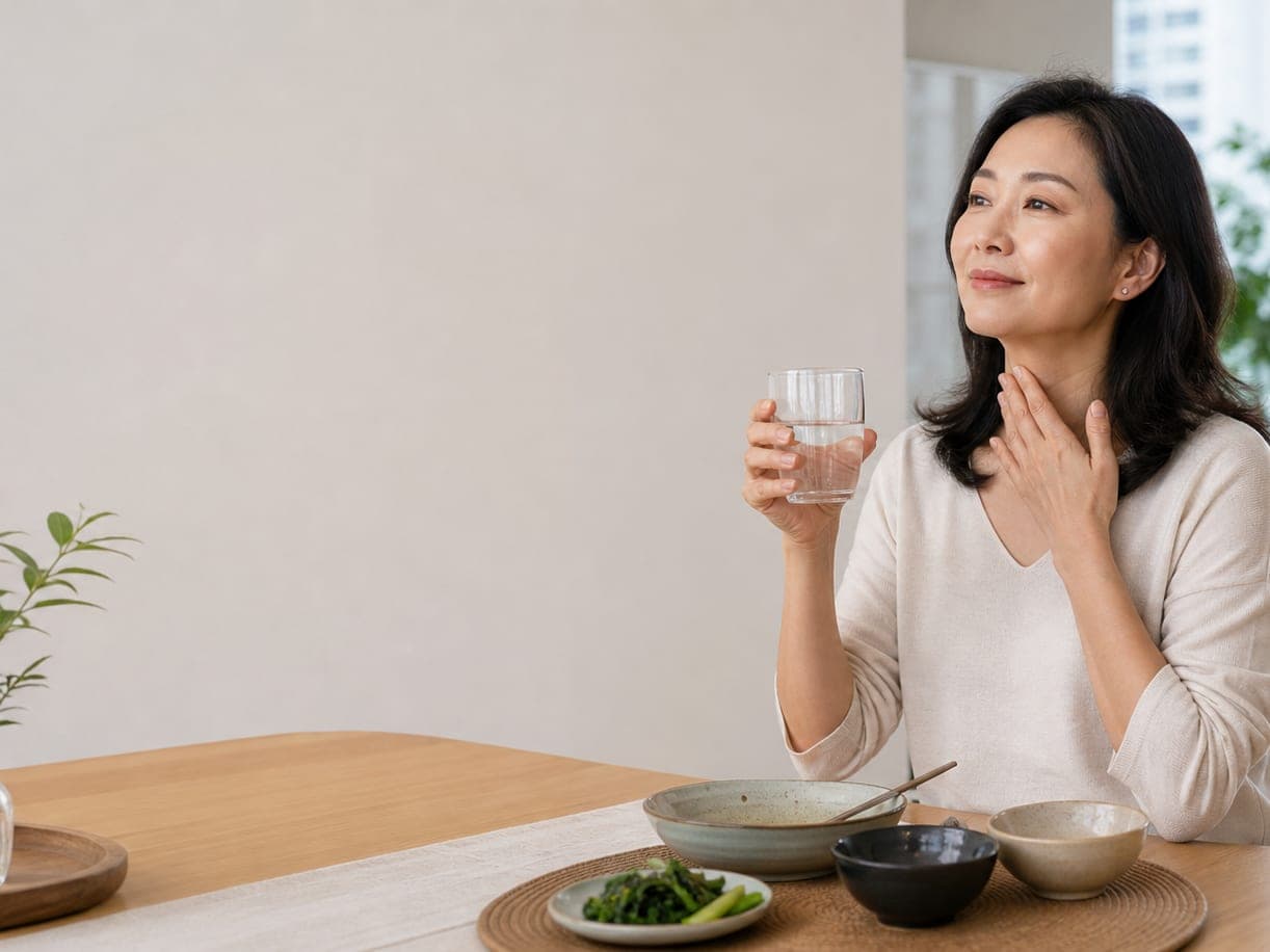 A woman holding a glass of water and gently touching her throat after a meal, illustrating acid reflux and oral health