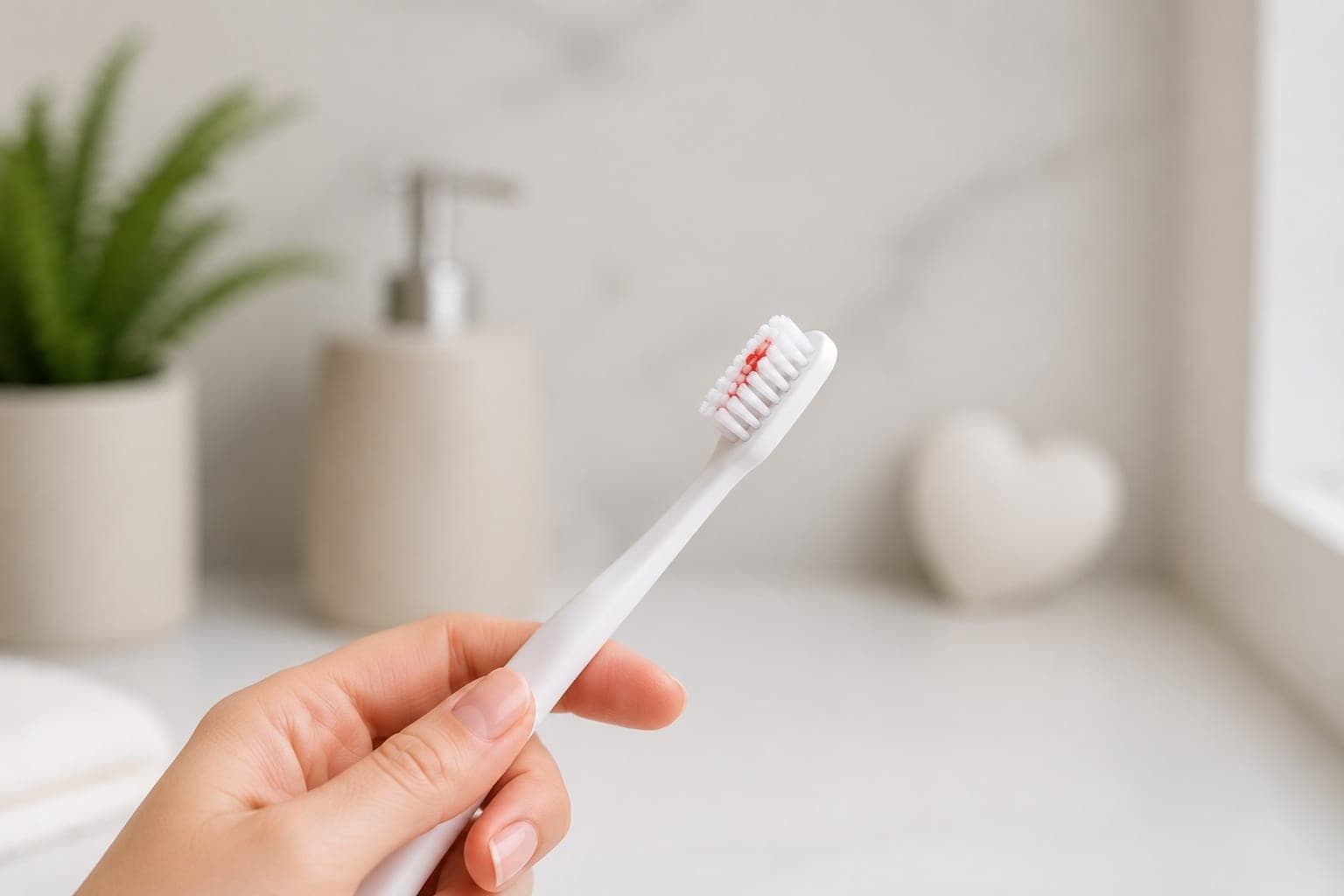 A close-up of a white toothbrush with a trace of blood on the bristles, showing that healthy gums should never bleed