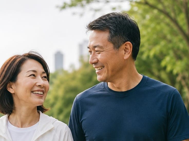 A couple walking together in a park, illustrating how healthy gums support a healthy heart