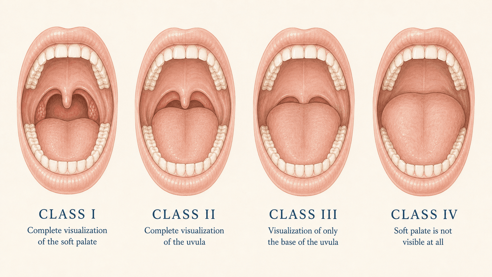 Mallampati score illustration showing Class 1 to Class 4 visibility of the throat behind the tongue