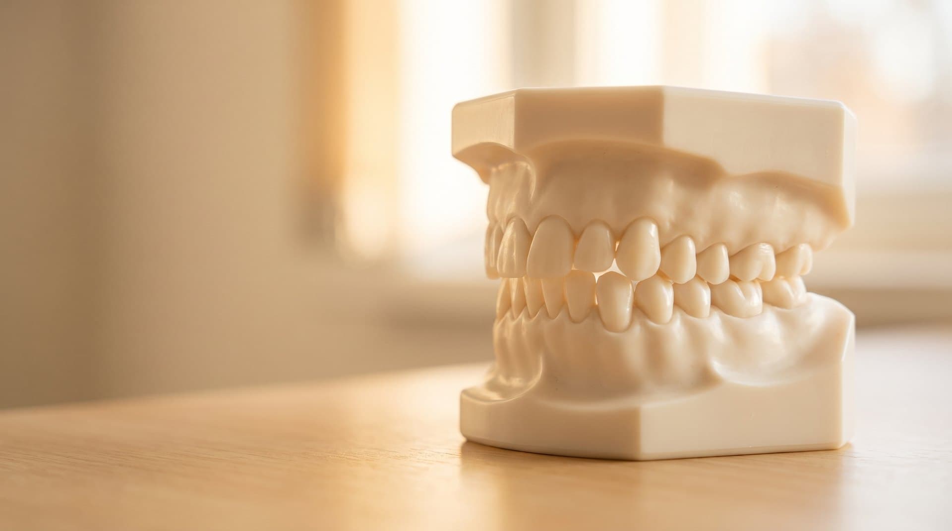 A dental study model of upper and lower teeth meeting in a slightly crowded, uneven bite