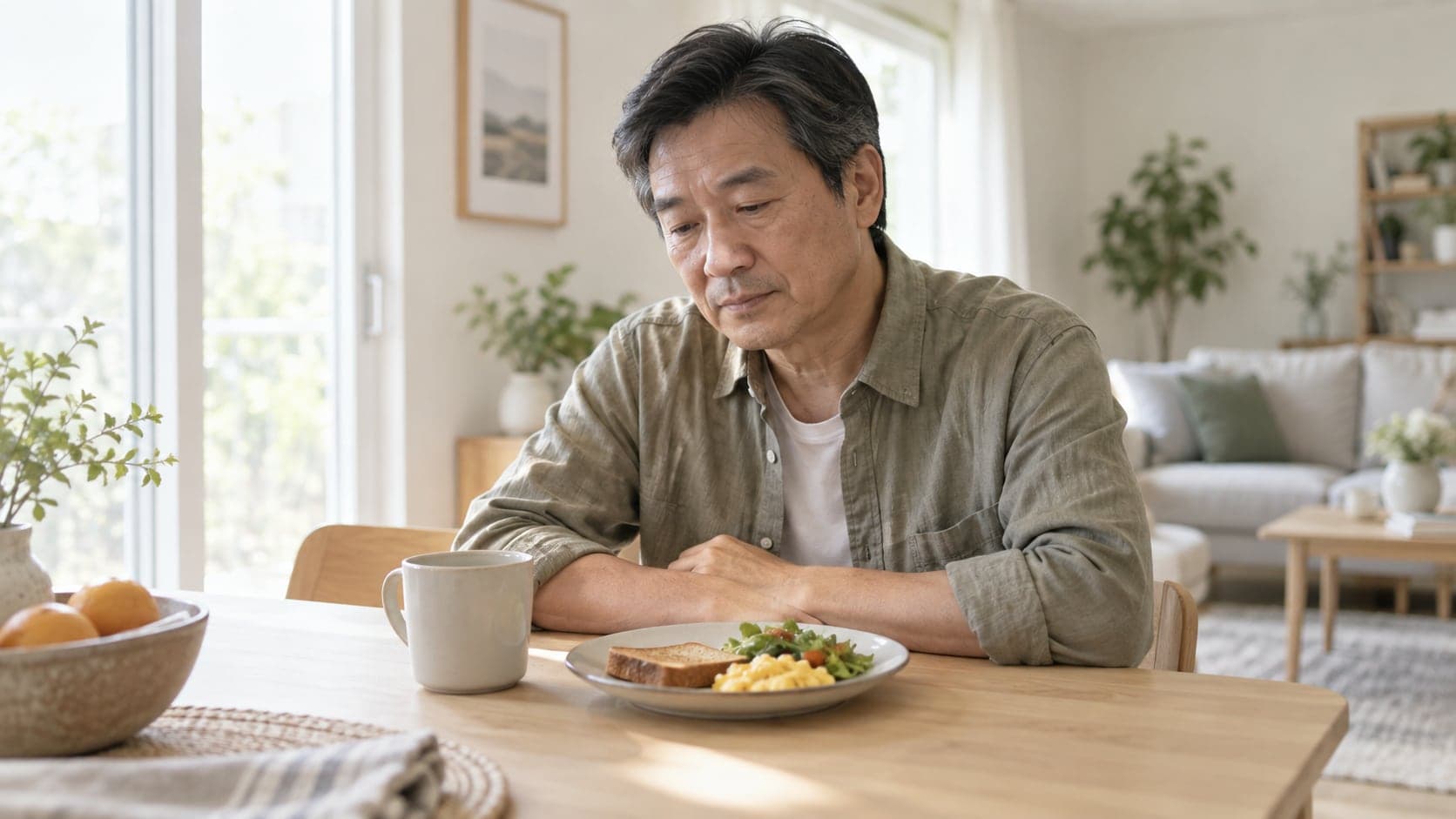 A tired man sitting at the breakfast table in the morning, barely touching his food