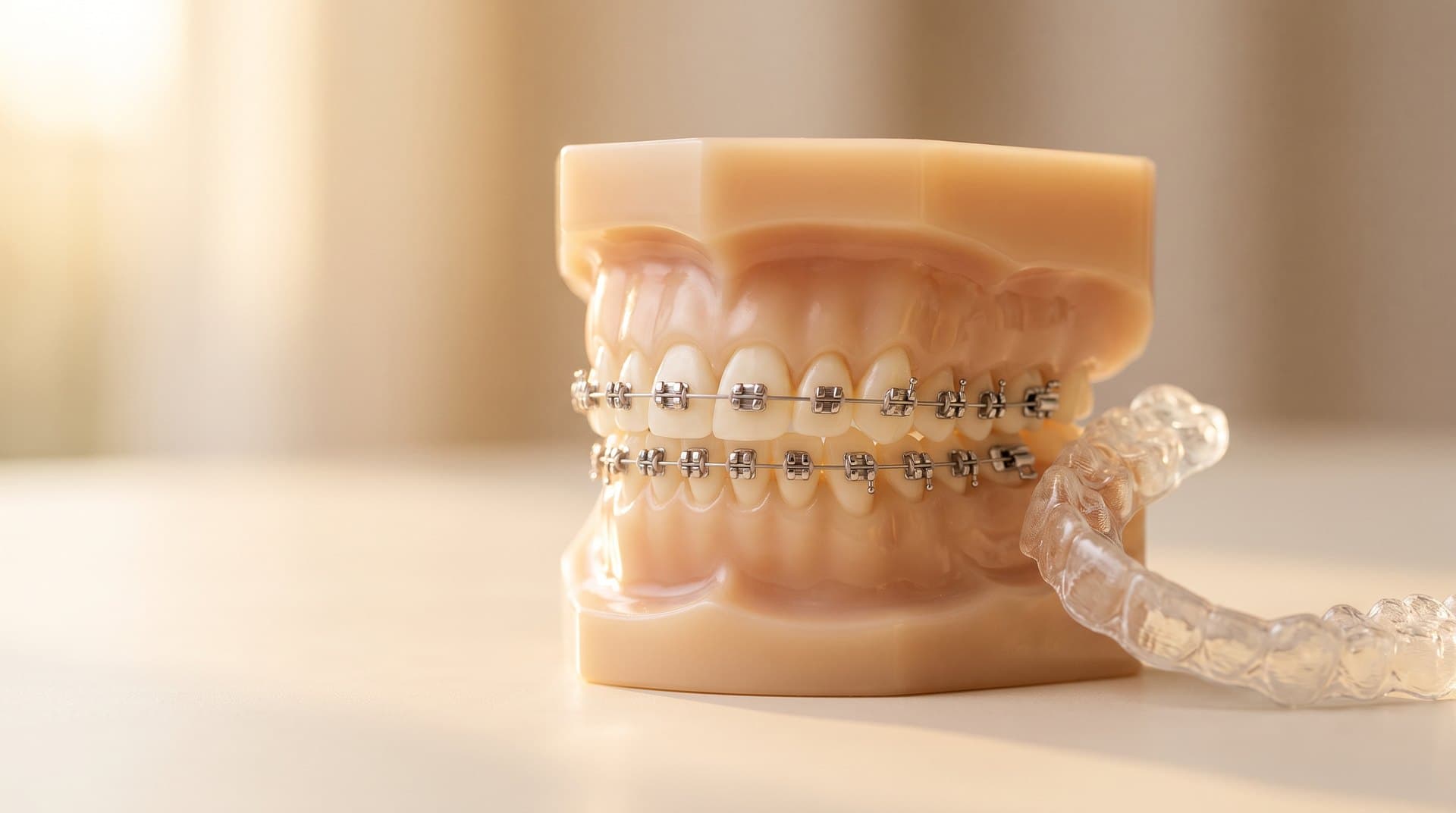 A dental model of teeth fitted with braces, one bracket per tooth on a single archwire, beside a clear aligner