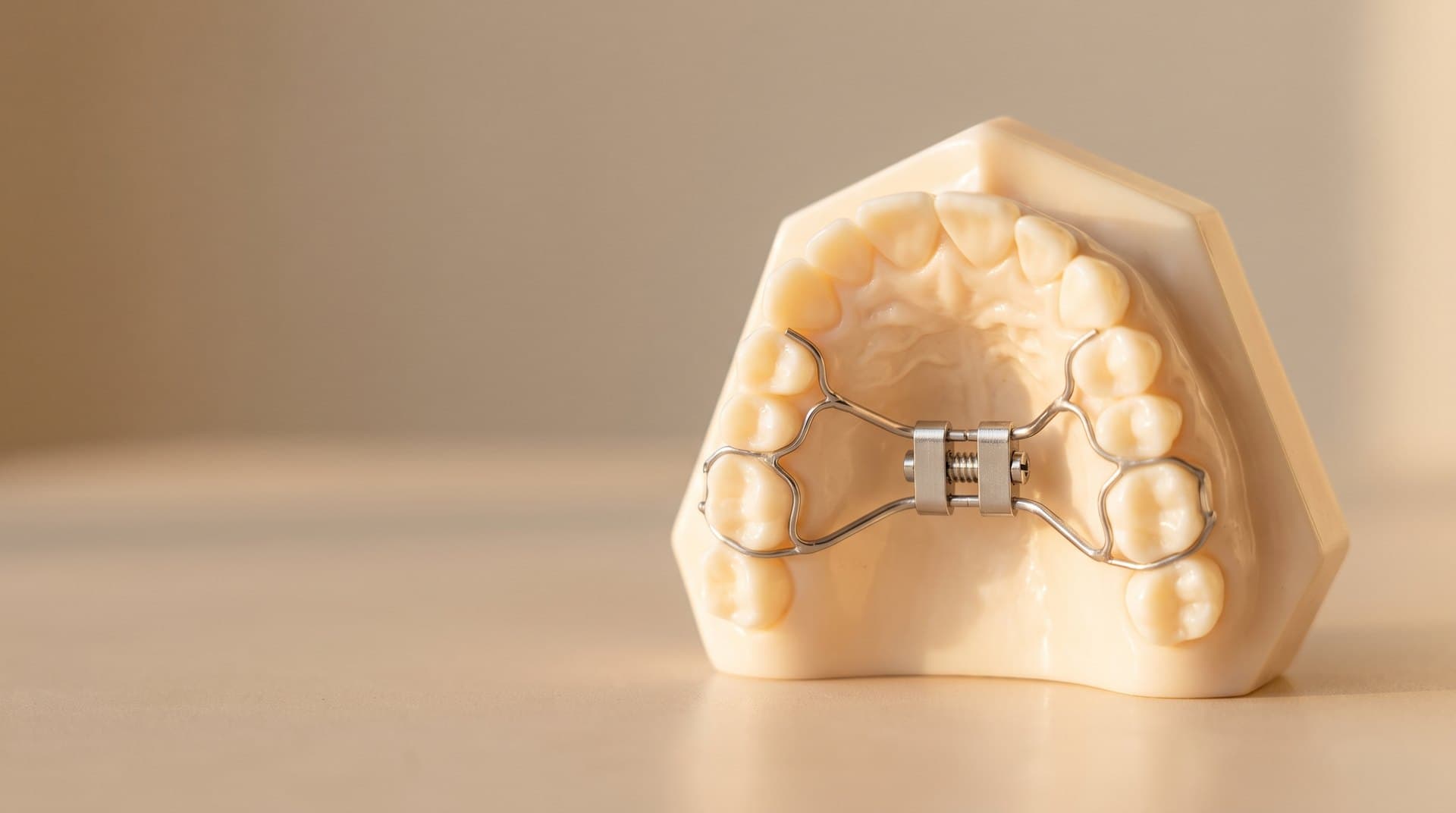 An upper-jaw dental model fitted with a small metal palatal expander appliance across the palate