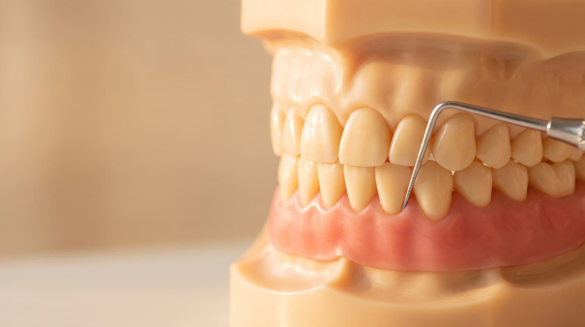 A dental model showing teeth and the supporting gums around the roots, with a periodontal probe