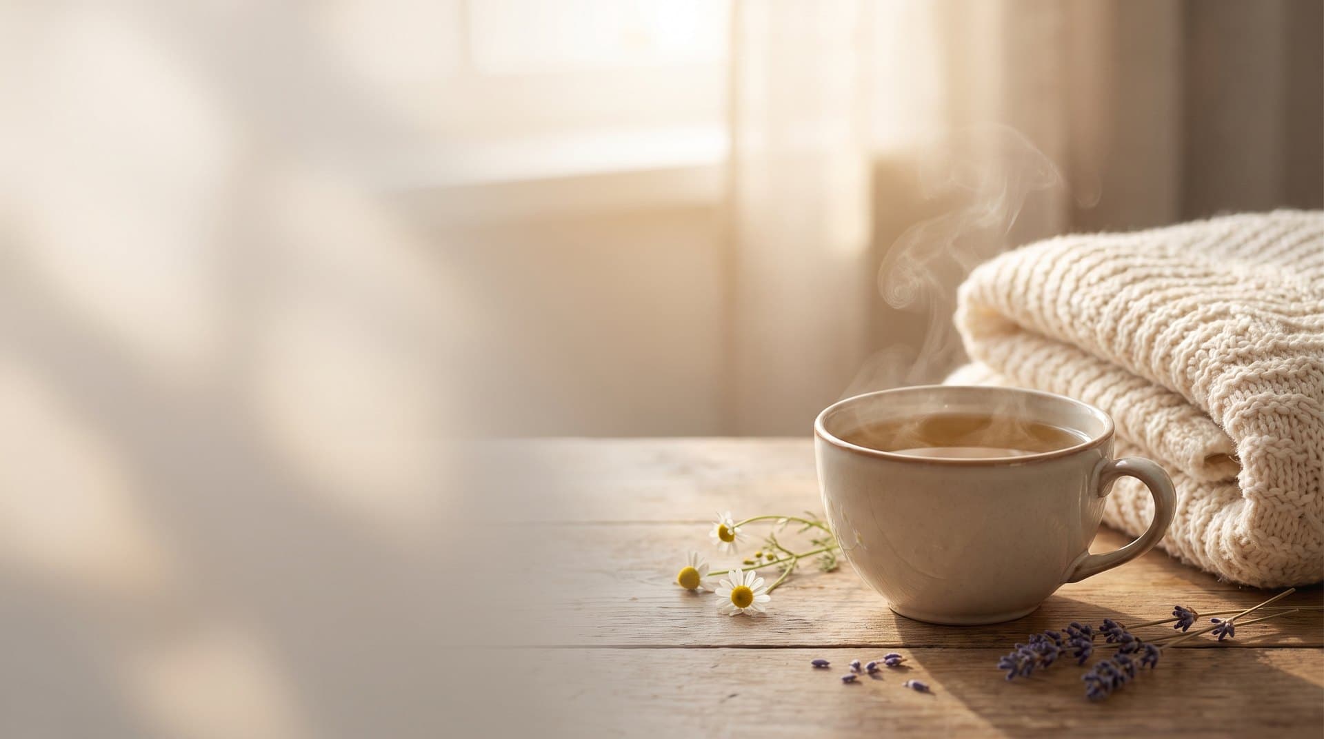 A warm cup of tea beside a cosy folded blanket in soft light, for root canal aftercare at Align Dental Surgery.