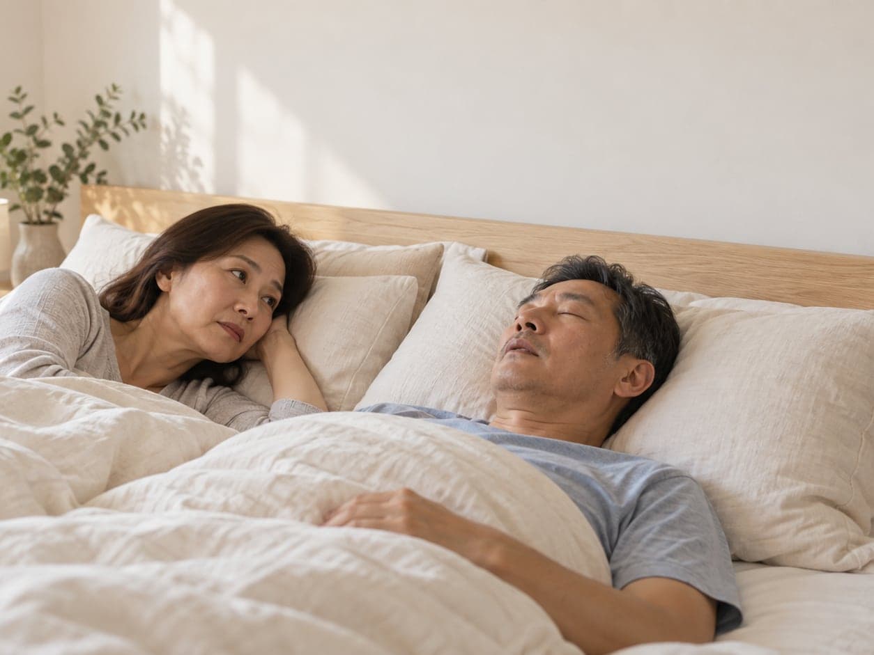 A woman lying awake in bed, watching her partner sleep with his mouth open