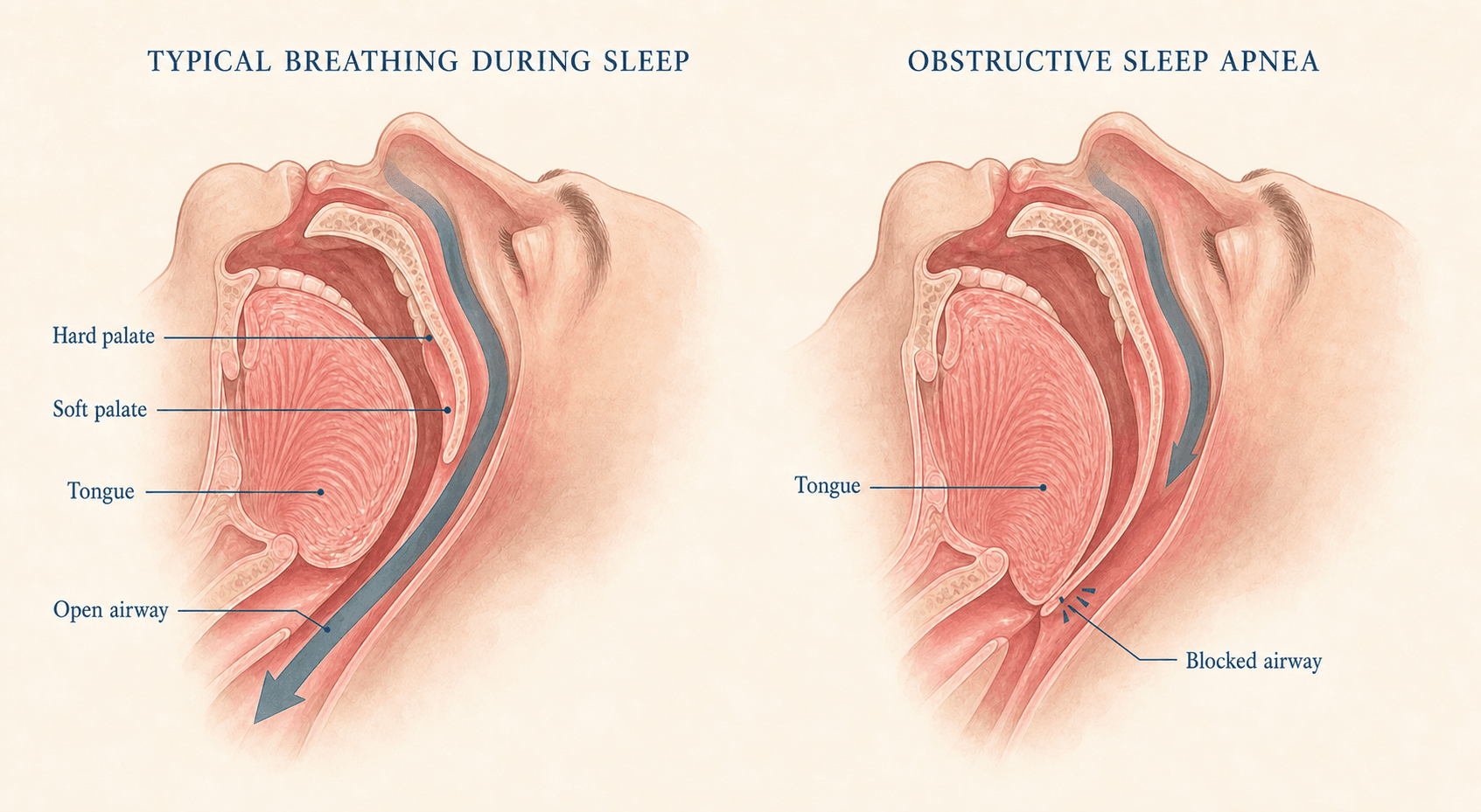 Diagram comparing typical breathing with an open airway during sleep against a blocked airway in obstructive sleep apnea