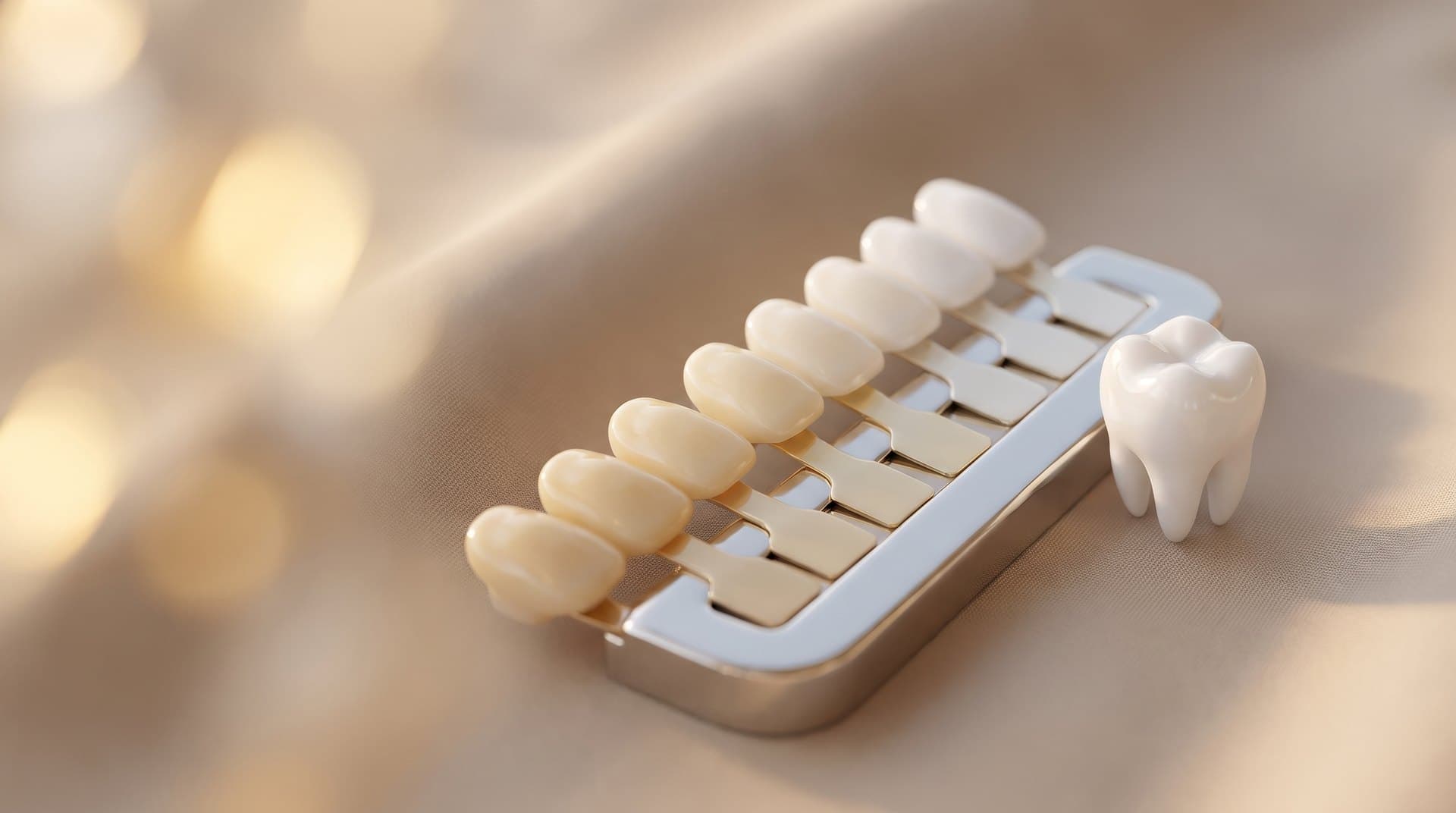 A dental shade guide of tooth-coloured tabs from darker to bright white, beside a single tooth