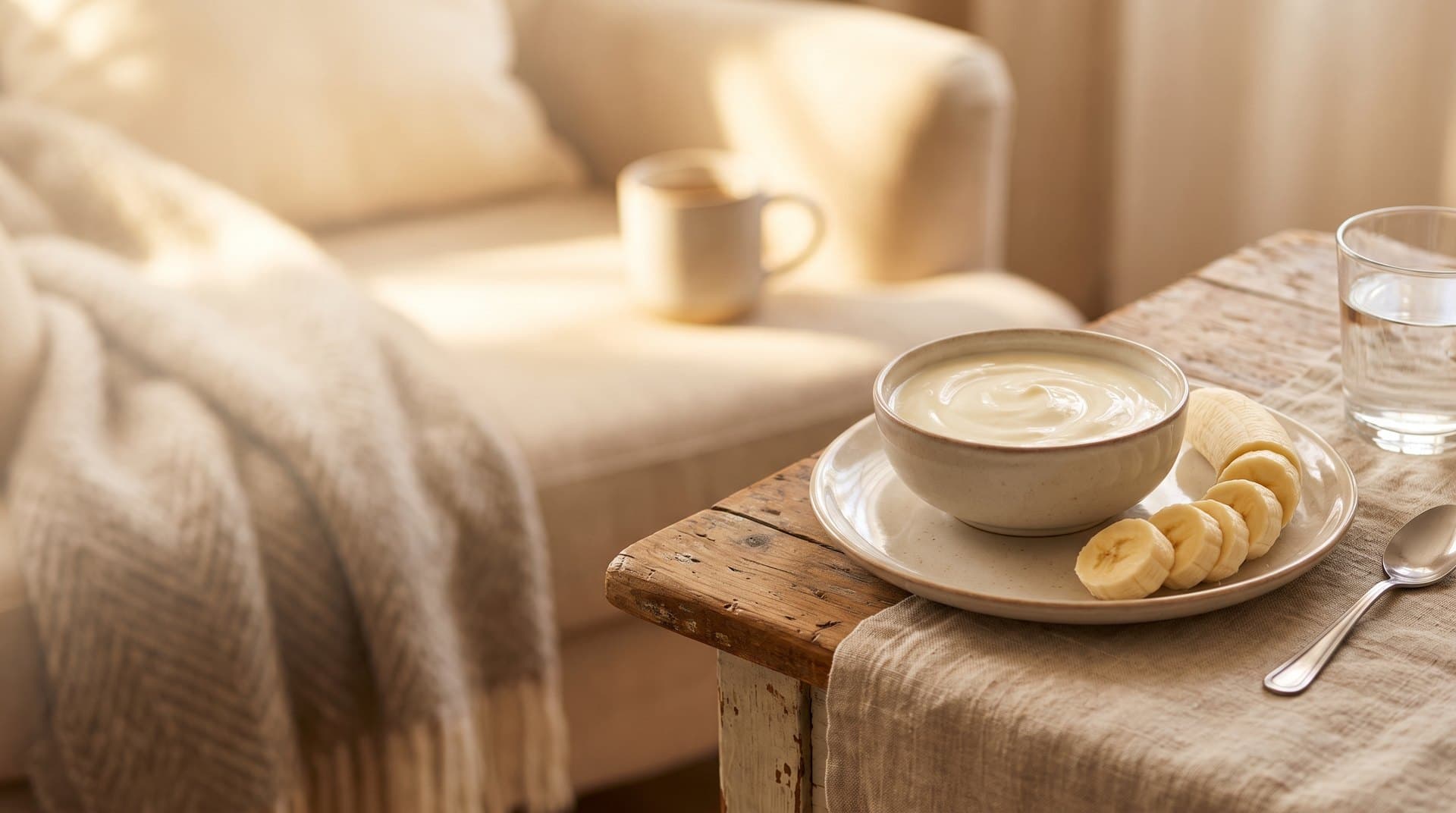 A plate of soft foods, yogurt and banana, on a warm-lit table, for temporary crown aftercare at Align Dental Surgery.
