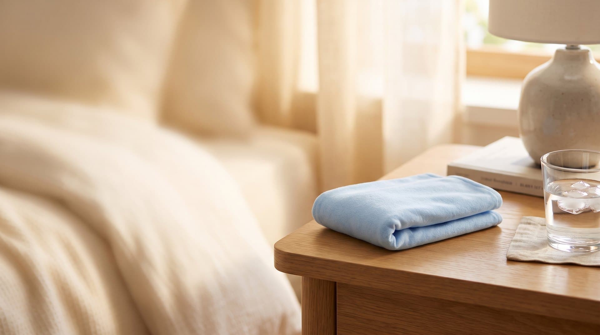 A soft cold compress and a glass of water on a calm bedside table, for tooth extraction aftercare at Align Dental Surgery.