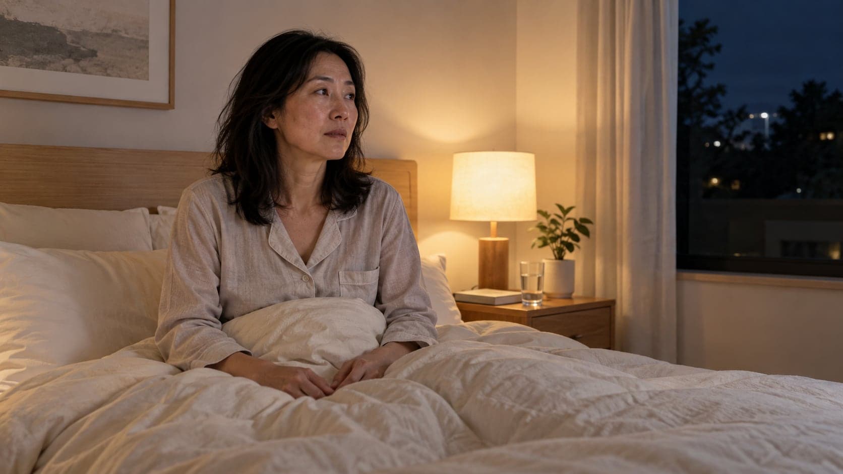 A woman sitting up awake in bed at night beside a bedside lamp