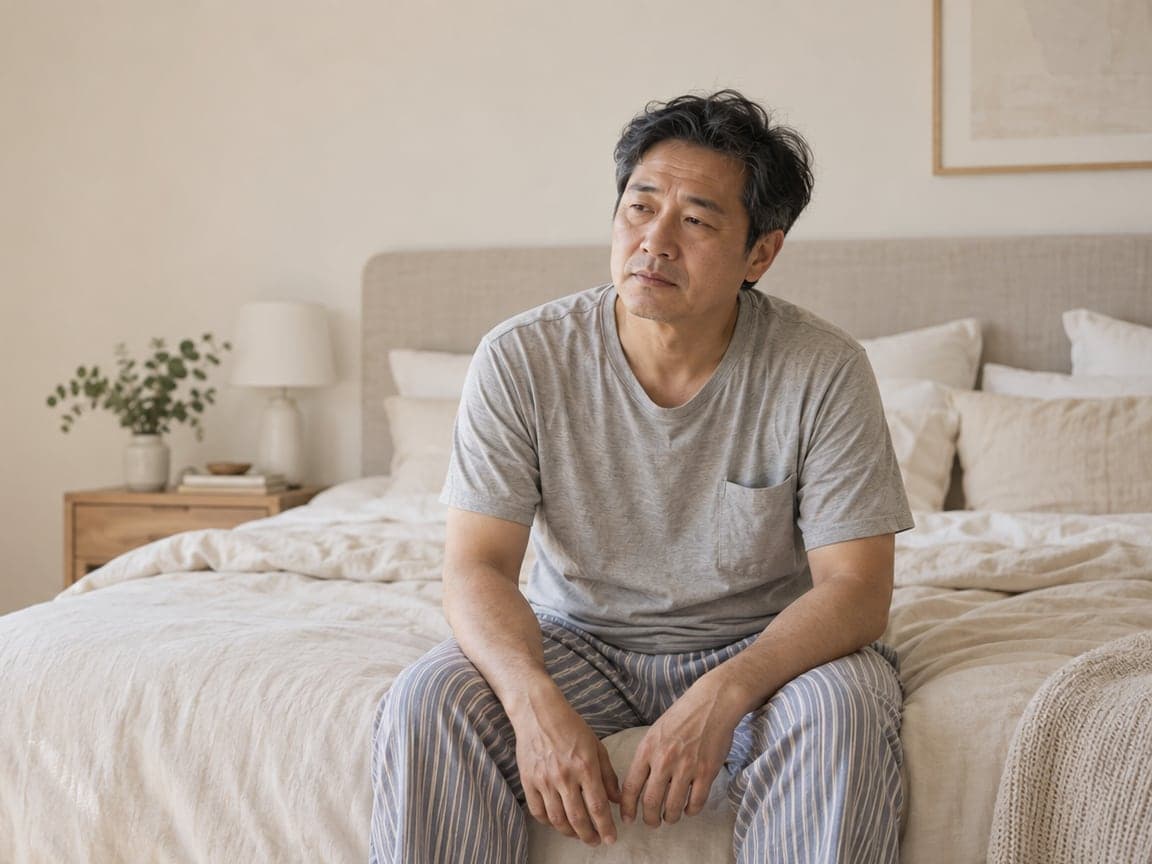A man sitting on the edge of his bed in the morning, looking tired after a night of disturbed sleep