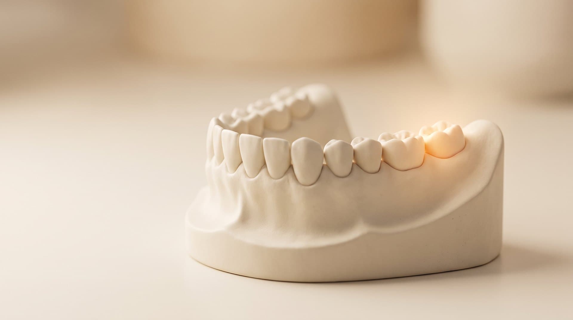 A dental model of the lower jaw with the wisdom tooth, the third molar at the very back, highlighted